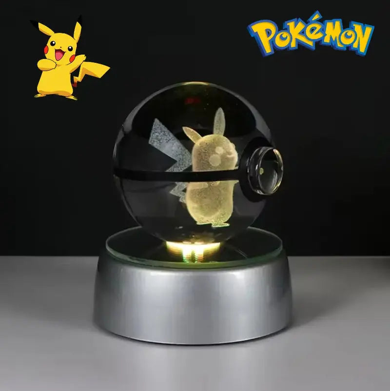 Pokéball LED Cristal avec Pikachu gravé en 3D et base lumineuse RGB