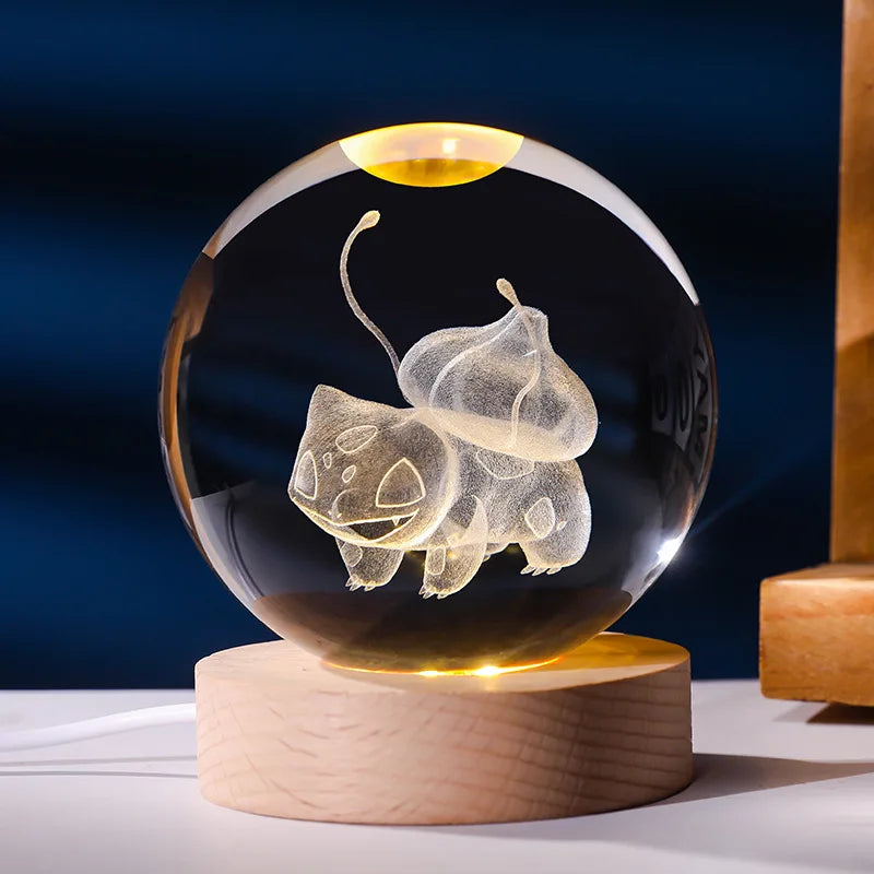 Pokemon 6cm Crystal Ball Model Toys Rayquaza Lucario Mew Vaporeon Espeon Greninja Charging LED Light Glass Ball Gifts With Base ShinyBall