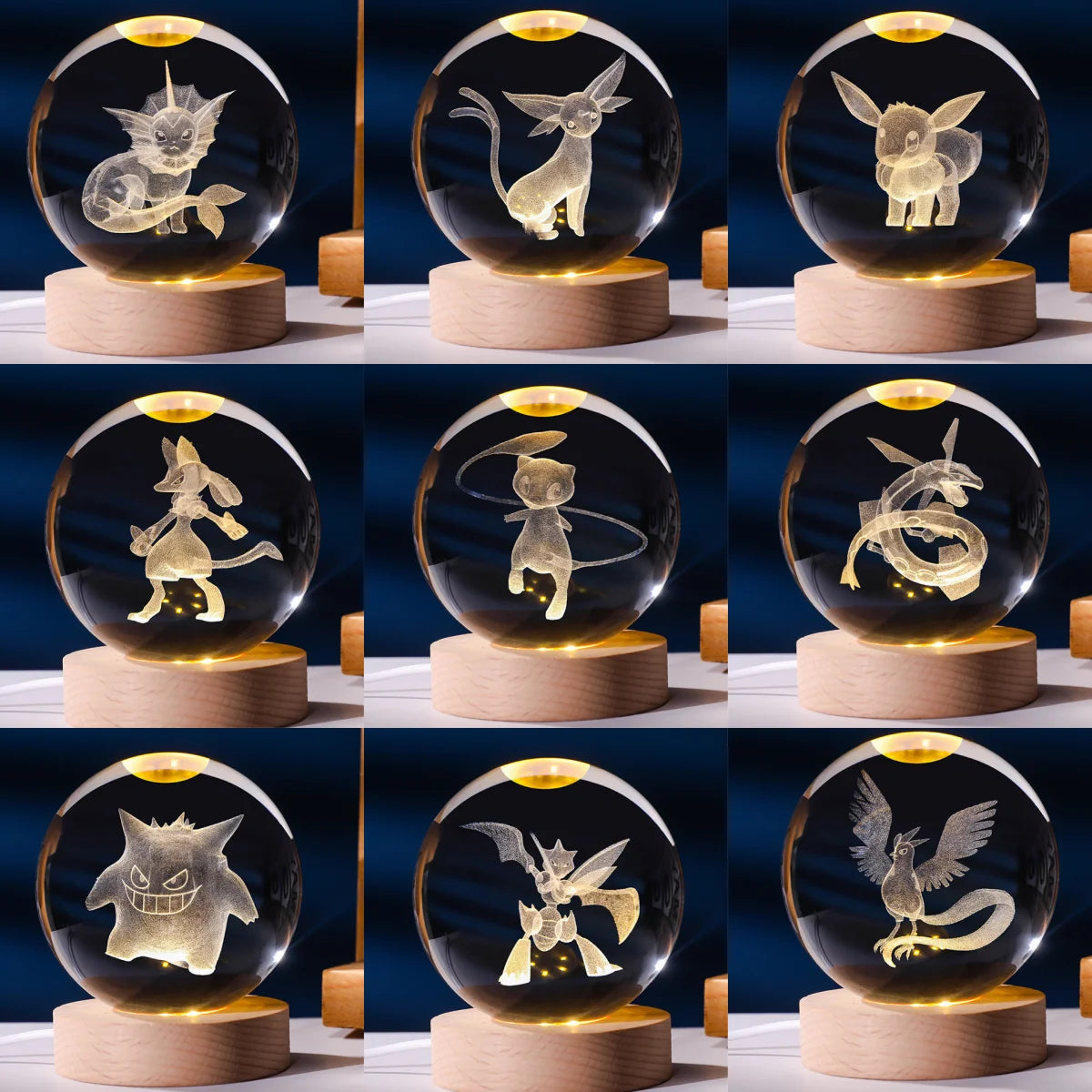 (NOUVEAUTÉ) Pokéball LED Cristal Mentali - Socle bois USB ShinyBall
