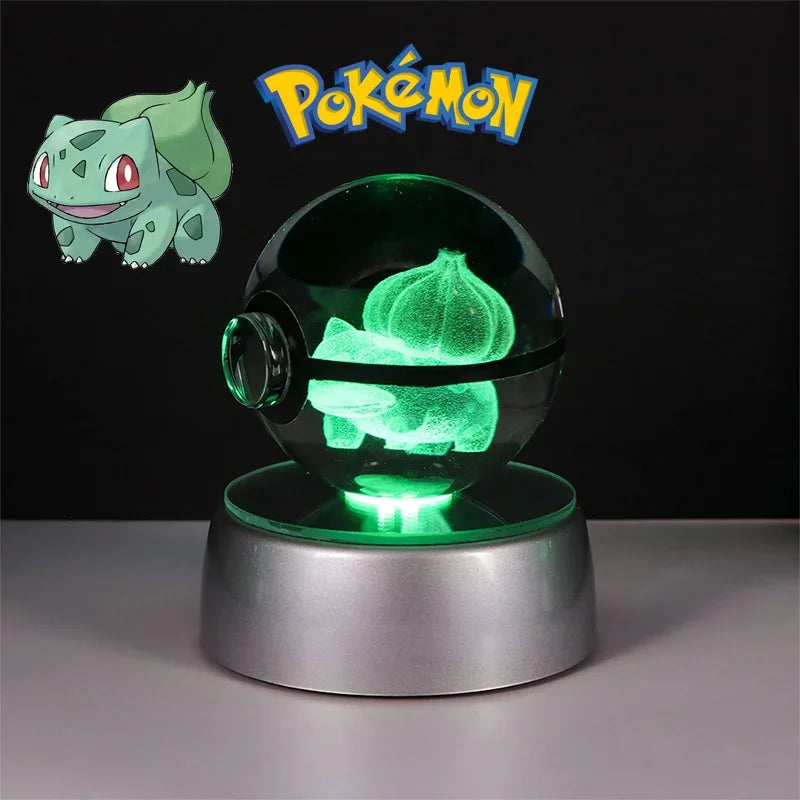 Pokemon 3D Crystal Ball Butterfree Cubone Figure Toy Pokeball Ditto Lucario Lapras Lugia Arceus Model With Led Light Base Dolls ShinyBall