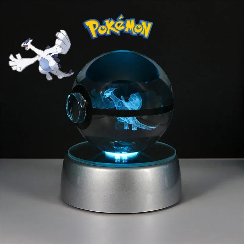 Pokemon 3D Crystal Ball Butterfree Cubone Figure Toy Pokeball Ditto Lucario Lapras Lugia Arceus Model With Led Light Base Dolls ShinyBall