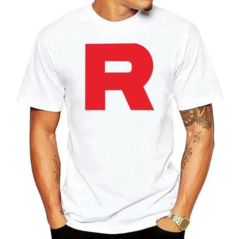Camiseta blanca del Equipo Rocket de Pokémon - Logotipo R rojo - Algodón premium